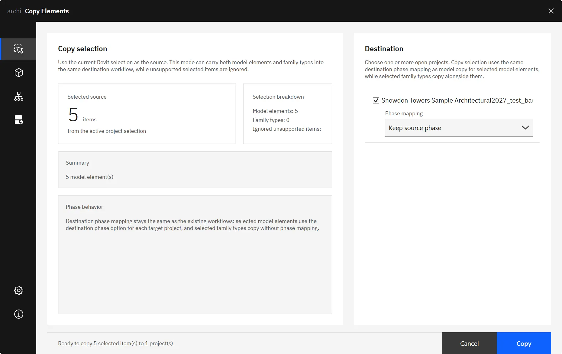 Copy selection mode — copy elements from the current Revit selection.