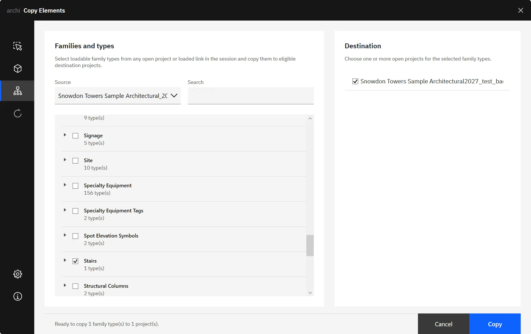 Families and types browser — copy loadable family types between projects.