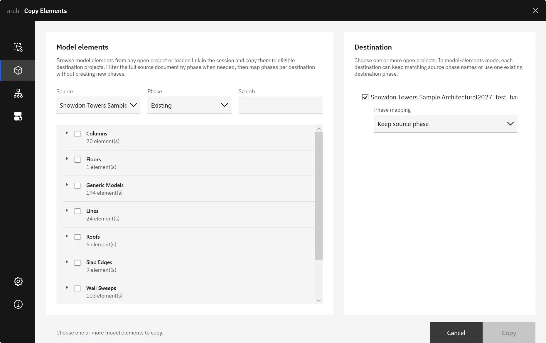 Model elements browser — browse and filter elements from open projects and links.