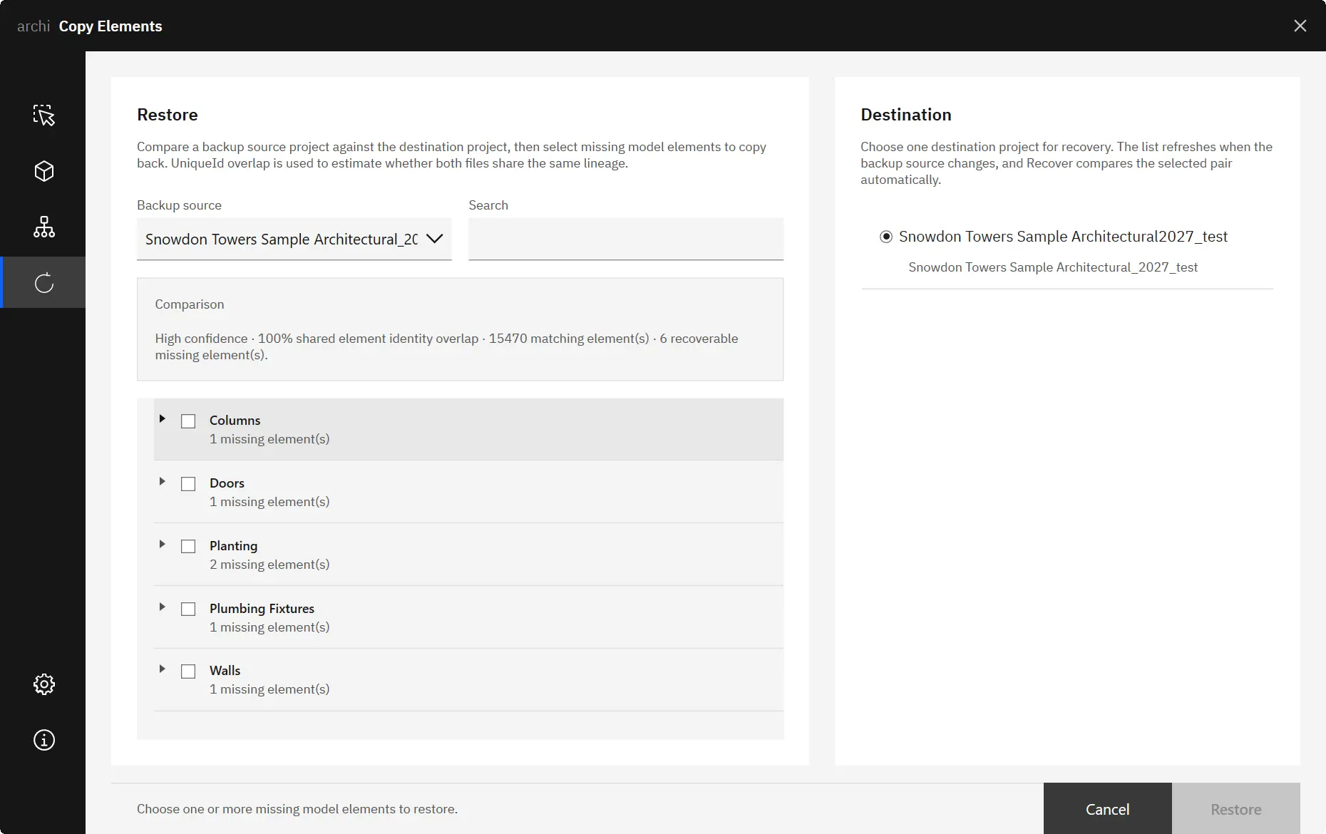 Restore mode — compare a backup project and recover missing model elements.