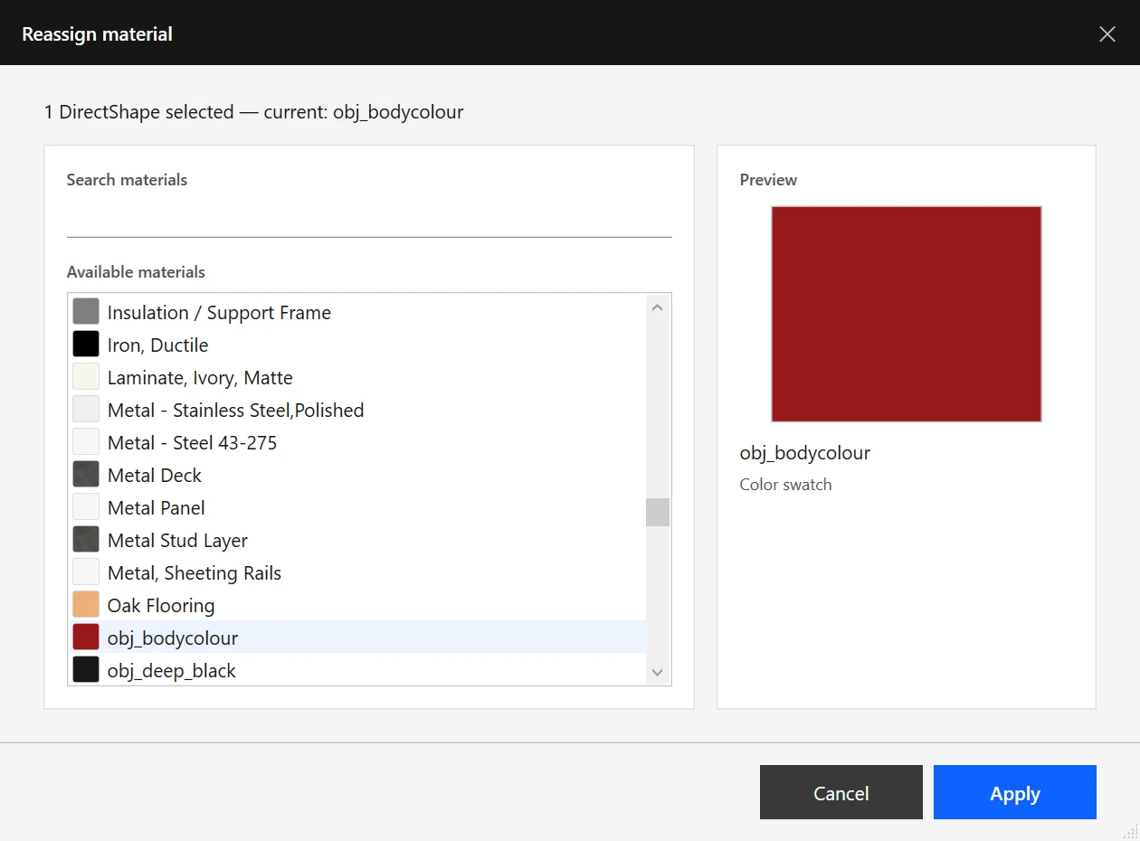 Reassign Material window with material search, list, and preview for imported DirectShape elements