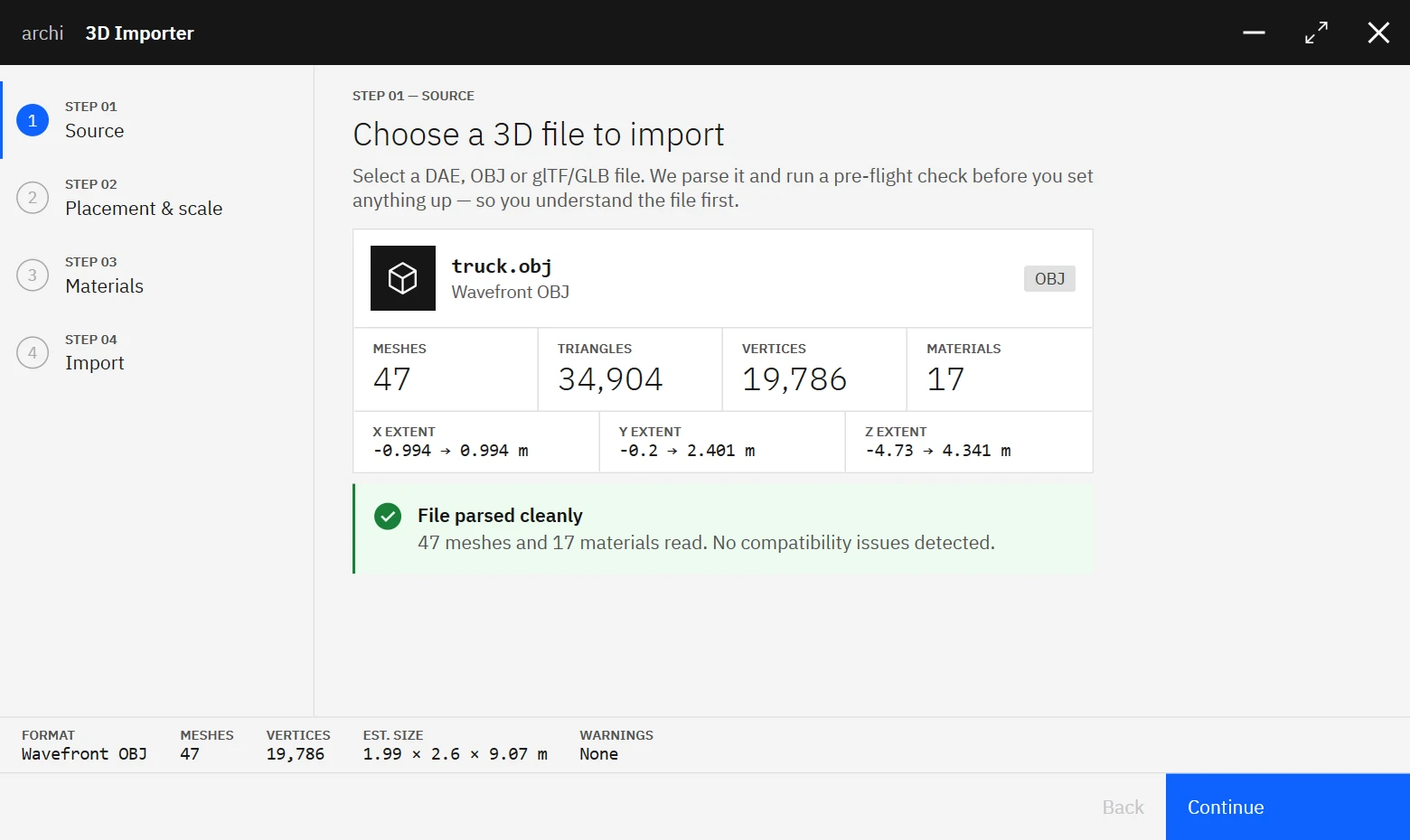 Import 3D wizard Step 1 showing the selected file with mesh, triangle, and material counts and a pre-flight check