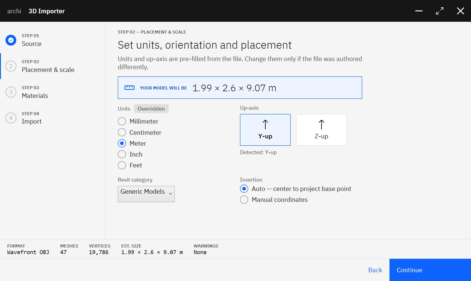 Import 3D wizard Step 2 with auto-detected units and up-axis, size callout, category picker, and placement options