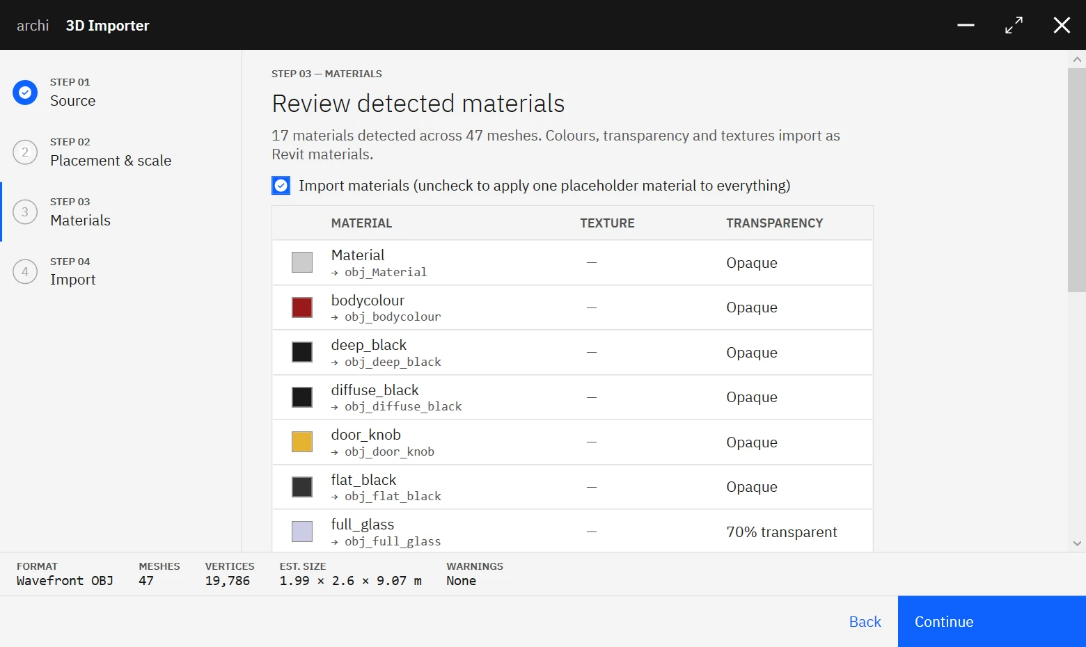 Import 3D wizard Step 3 listing detected materials with colour, texture, and transparency columns