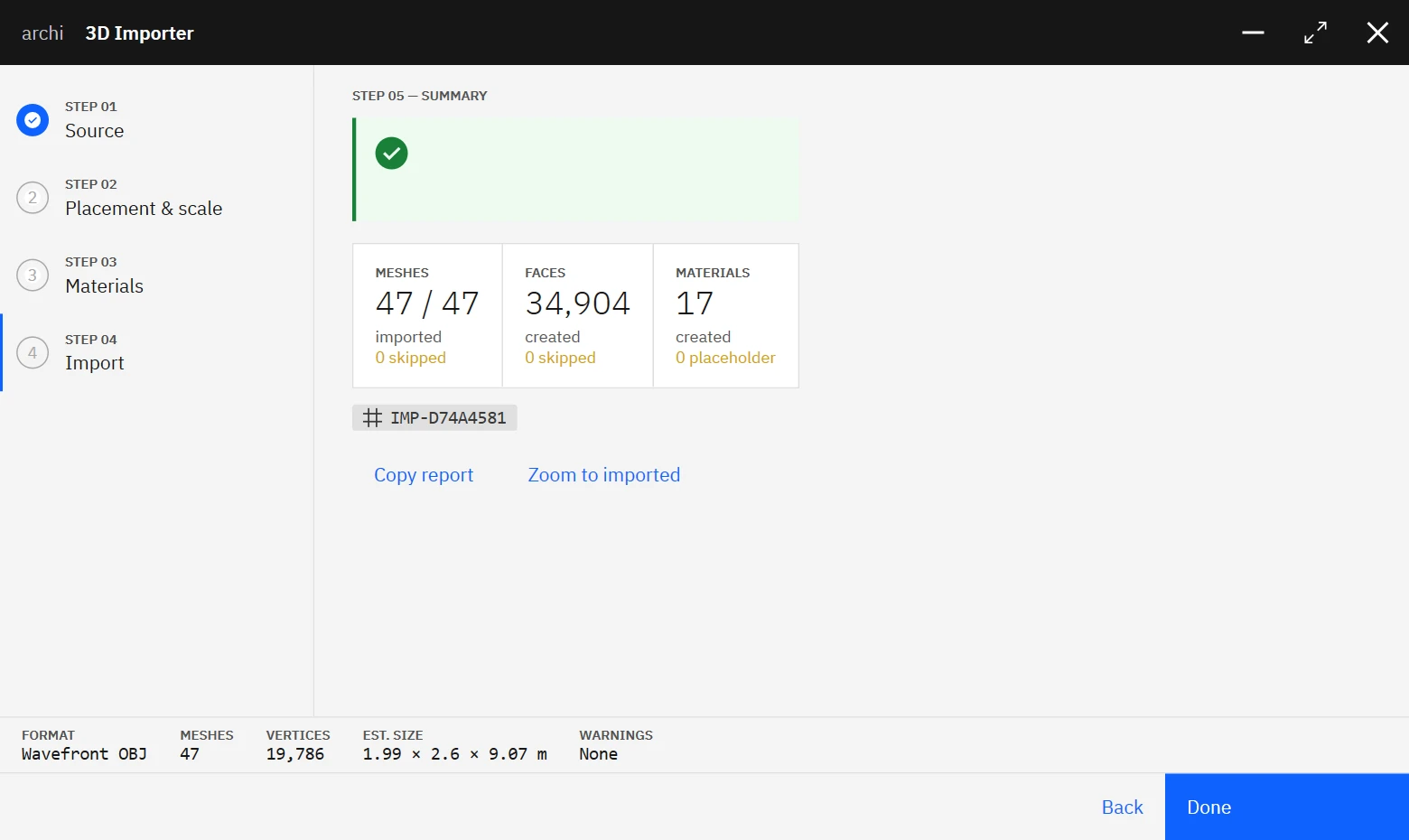 Import 3D wizard summary step reporting imported meshes, created faces and materials, with a copyable report