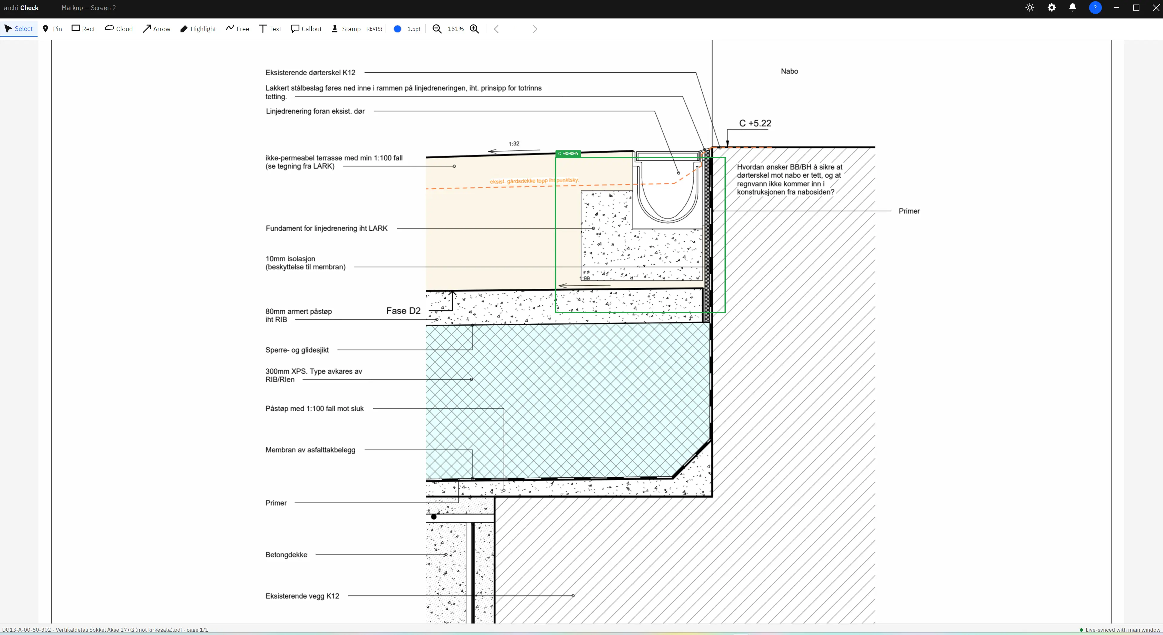 Archi Check markup window showing a closed, corrected markup