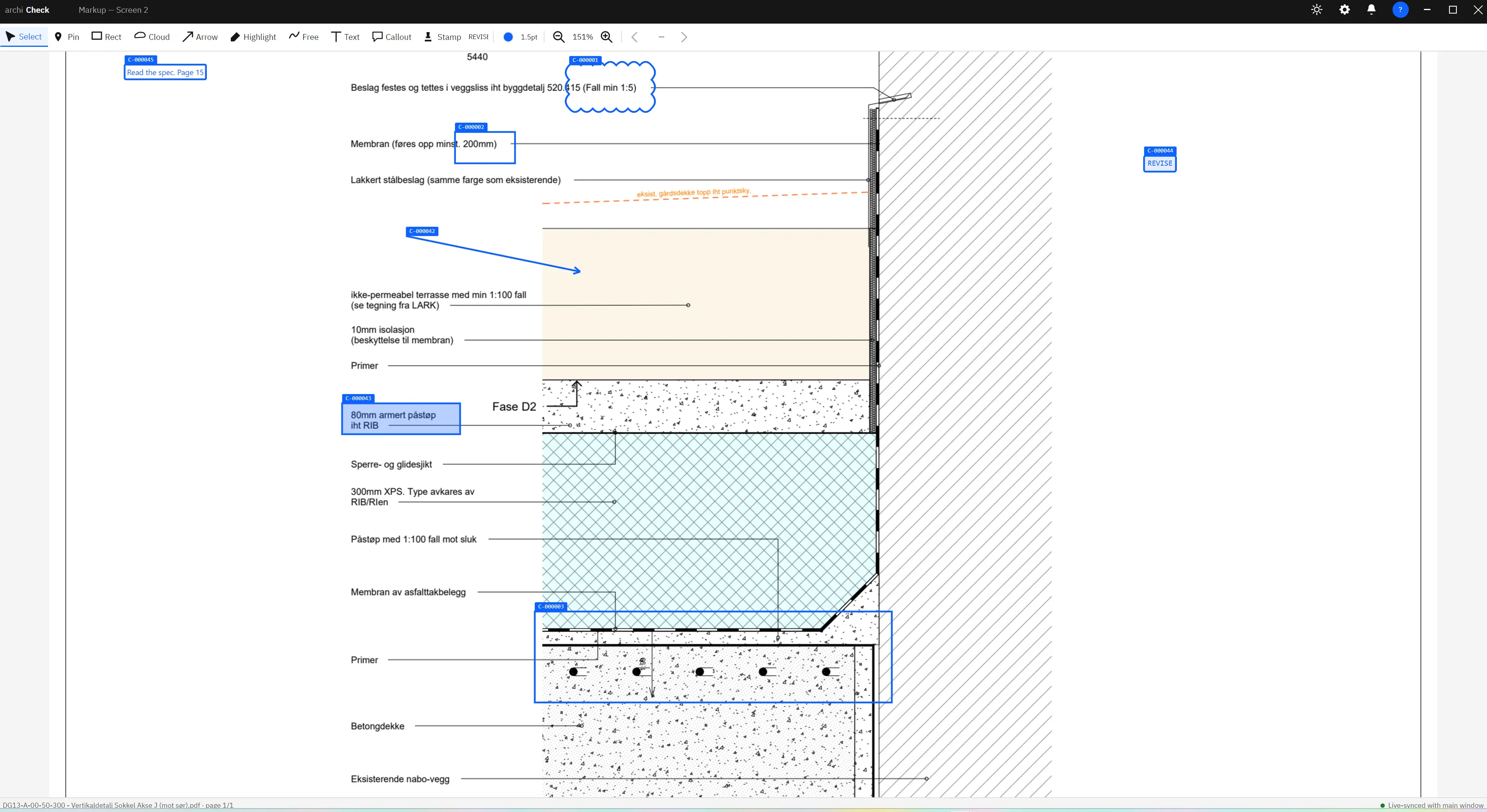 Archi Check markup window: a drawing with rectangle and cloud markups