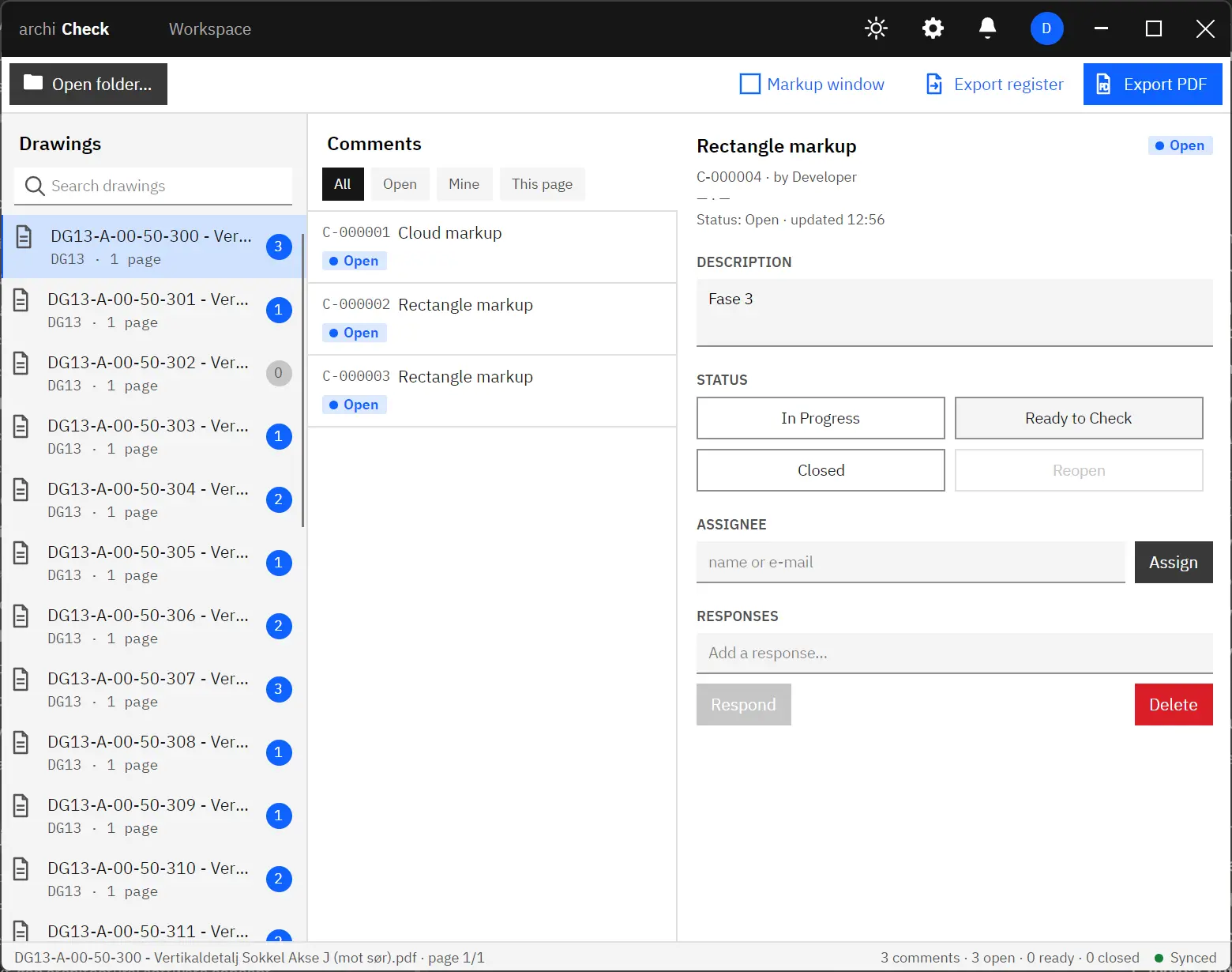 Archi Check workspace: drawings list, comments and a comment detail panel