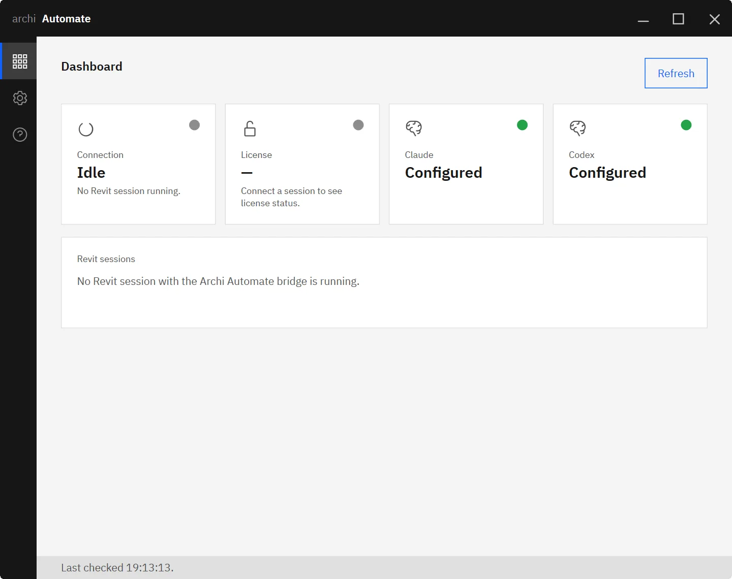 Live status of every Revit session and every connected AI client.