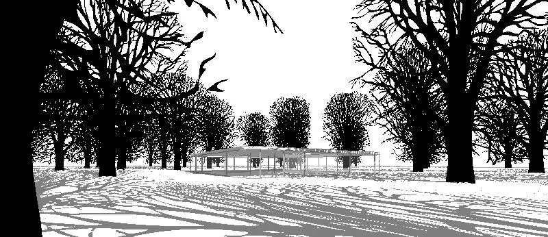 Trees cast shadows over terrain and other objects. Also in elevation and plan drawings.