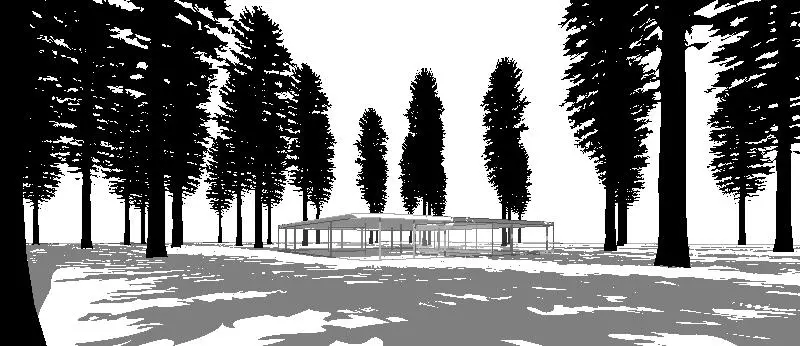 Trees cast shadows over terrain and other objects. Also in elevation and plan drawings.