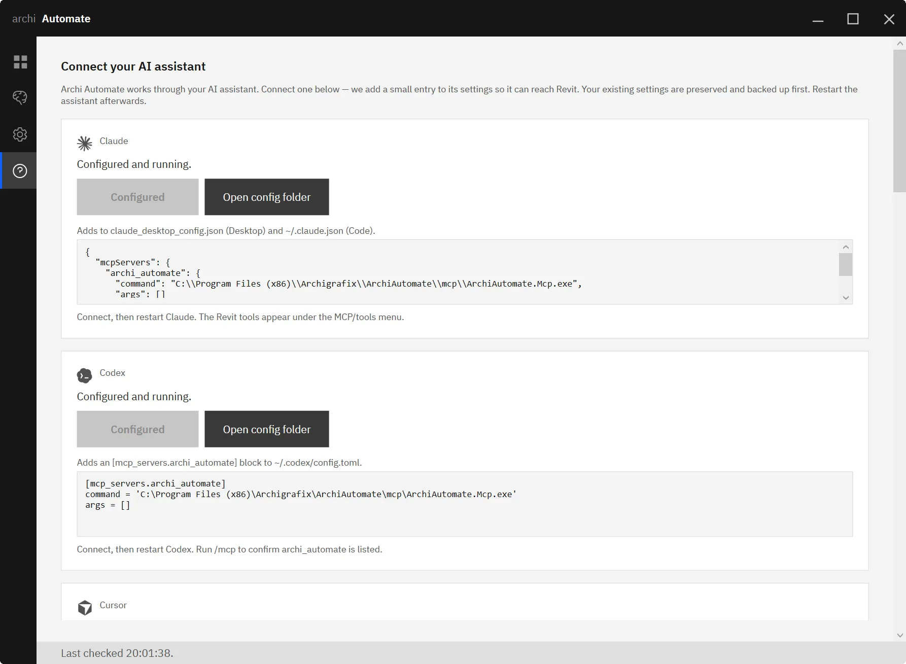 One-click Connect confirmation writing the Archi Automate MCP configuration into OpenAI Codex