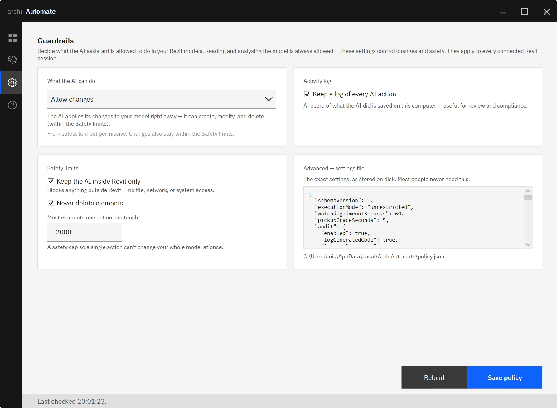 The Archi Automate Hub Guardrails page showing execution modes and scope caps