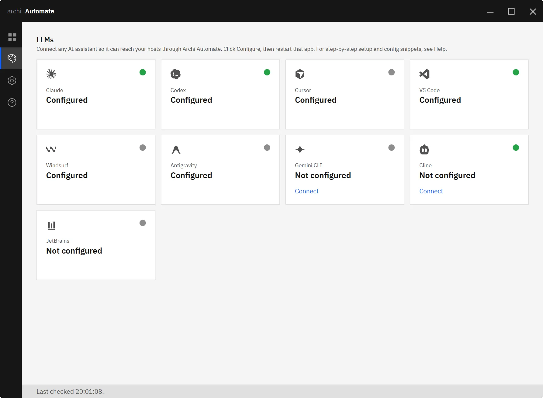 Archi Automate Hub LLMs page showing one-click Connect buttons for OpenAI Codex and other AI clients