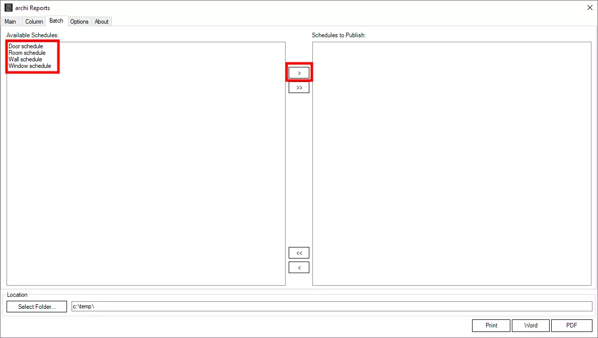 Select the Revit Schedules to Batch Export