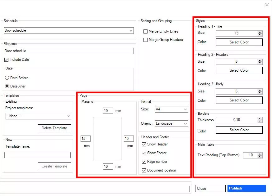 Settings of the Revit schedules to export to PDF