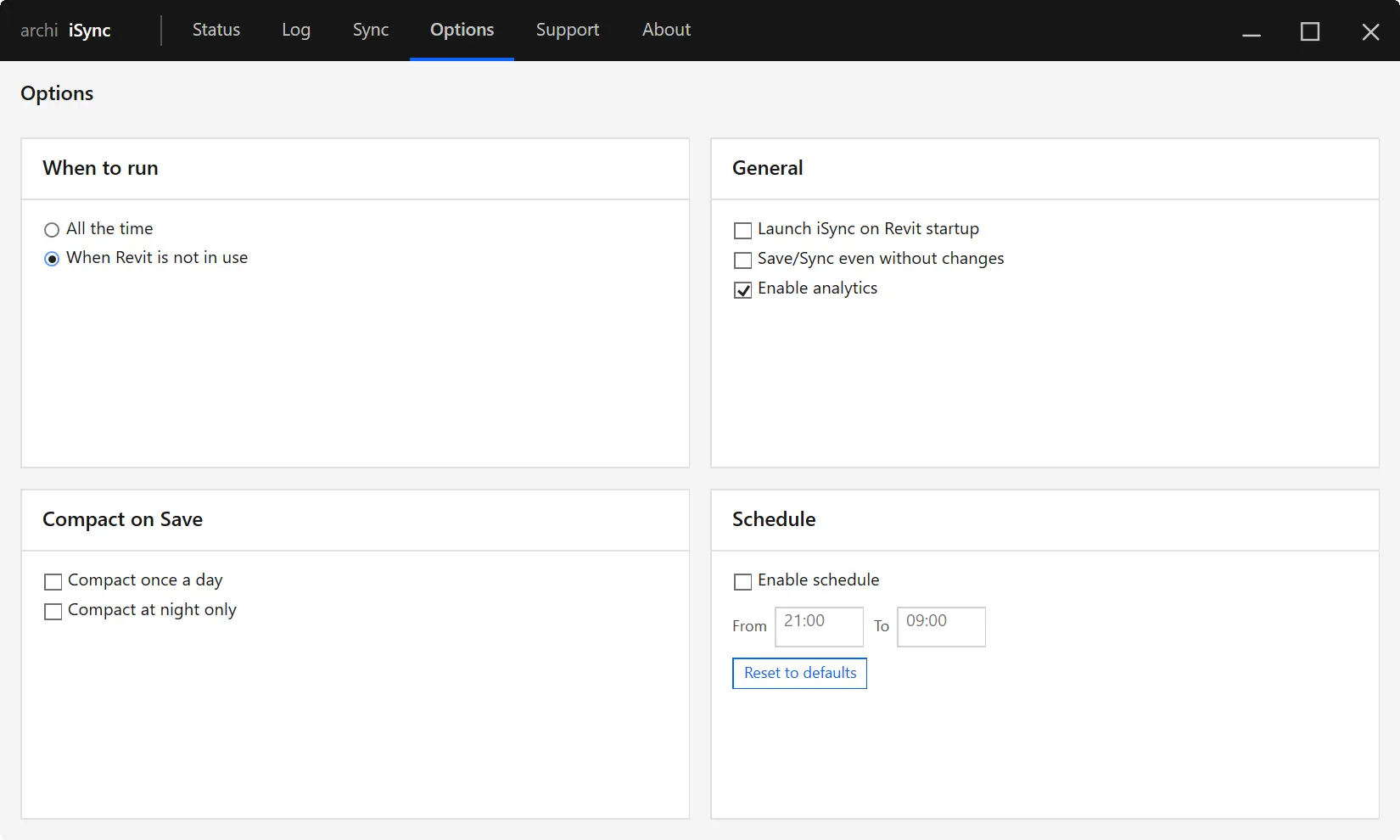 iSync options panel for Revit showing launch, analytics, compact, and schedule settings.