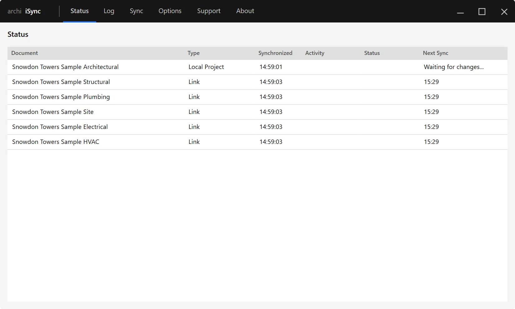 iSync status dashboard for Revit showing tracked project documents, links, and next sync activity.