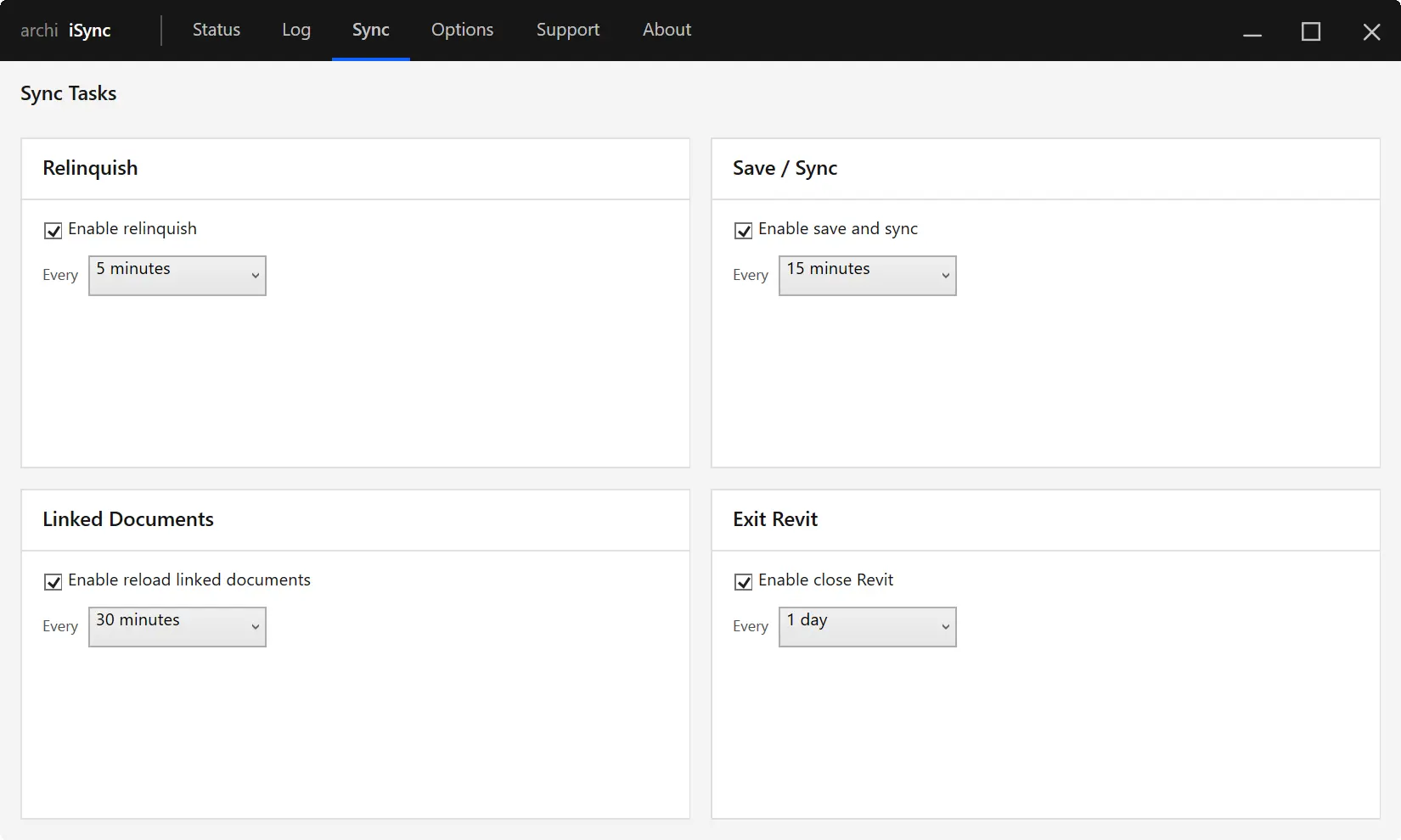 iSync sync tasks for Revit showing relinquish, save and sync, linked documents, and safe exit settings.
