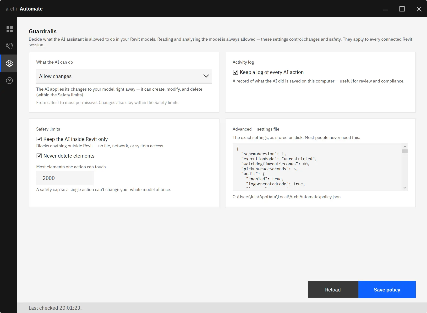 Execution mode, safety limits, activity log, and the raw policy file.